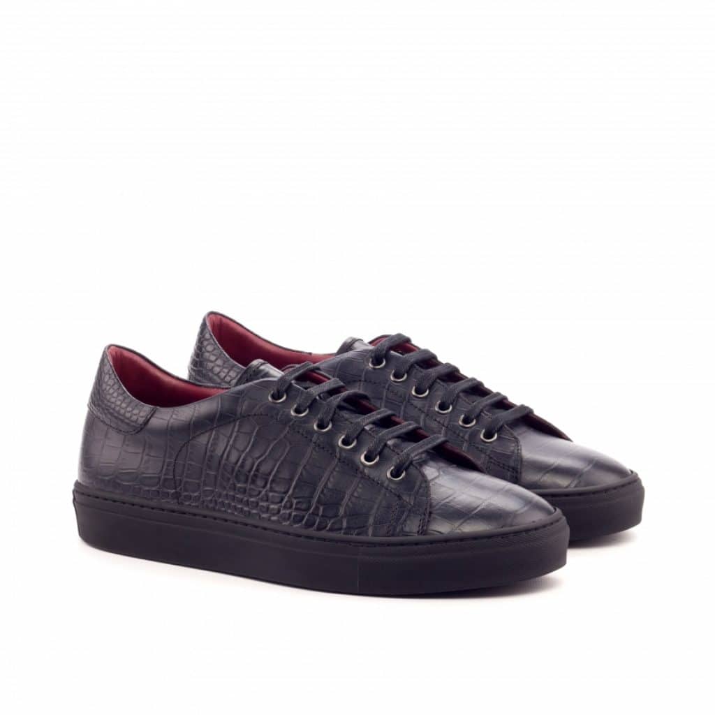 Black Croco Print Leather Low Top Lace Up Sneaker for Men. Black Comfortable Cup Sole.