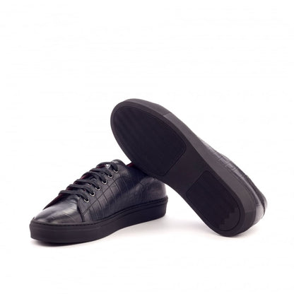 Black Croco Print Leather Low Top Lace Up Sneaker for Men. Black Comfortable Cup Sole.