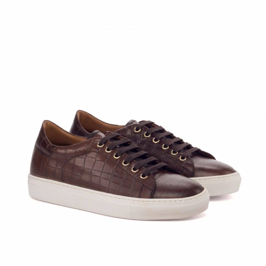 Dark Brown Croco Print Leather Low Top Lace Up Sneaker for Men. White Comfortable Cup Sole.