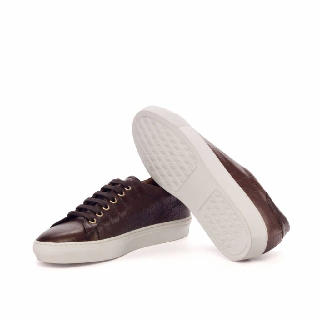 Dark Brown Croco Print Leather Low Top Lace Up Sneaker for Men. White Comfortable Cup Sole.