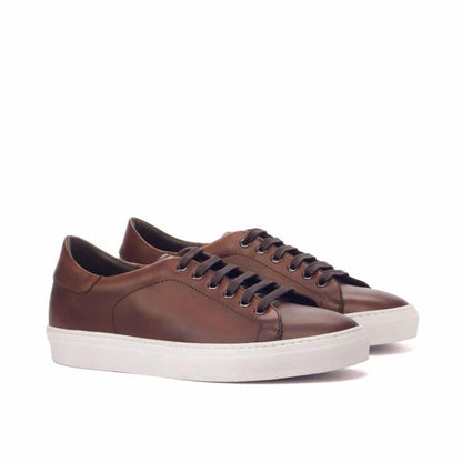 Dark Brown Leather Low Top Lace Up Sneaker for Men. White Comfortable Cup Sole.