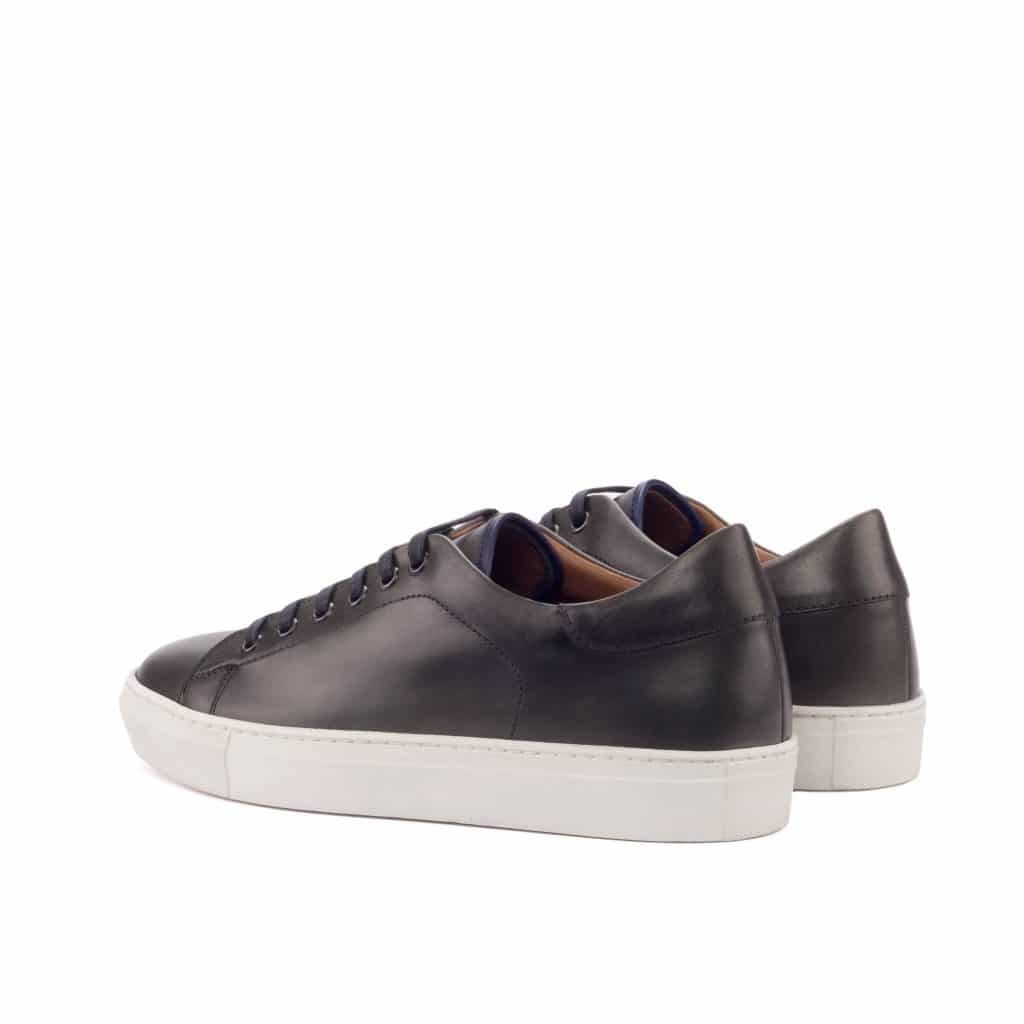 Black Leather Low Top Lace Up Sneaker for Men. White Comfortable Cup Sole.
