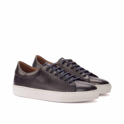 Black Leather Low Top Lace Up Sneaker for Men. White Comfortable Cup Sole.