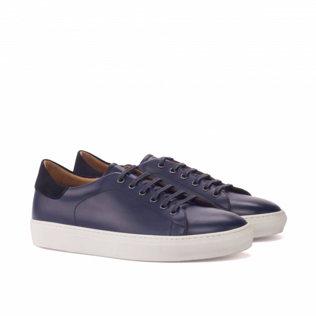 Navy Blue Patina Finish Leather Low Top Lace Up Sneaker for Men. White Comfortable Cup Sole.