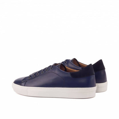 Navy Blue Patina Finish Leather Low Top Lace Up Sneaker for Men. White Comfortable Cup Sole.