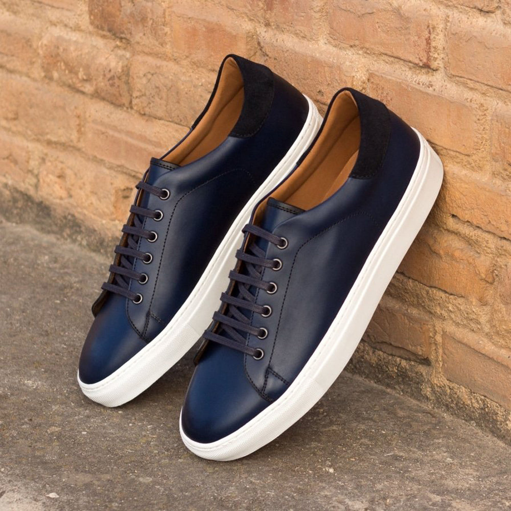 Navy Blue Patina Finish Leather Low Top Lace Up Sneaker for Men. White Comfortable Cup Sole.