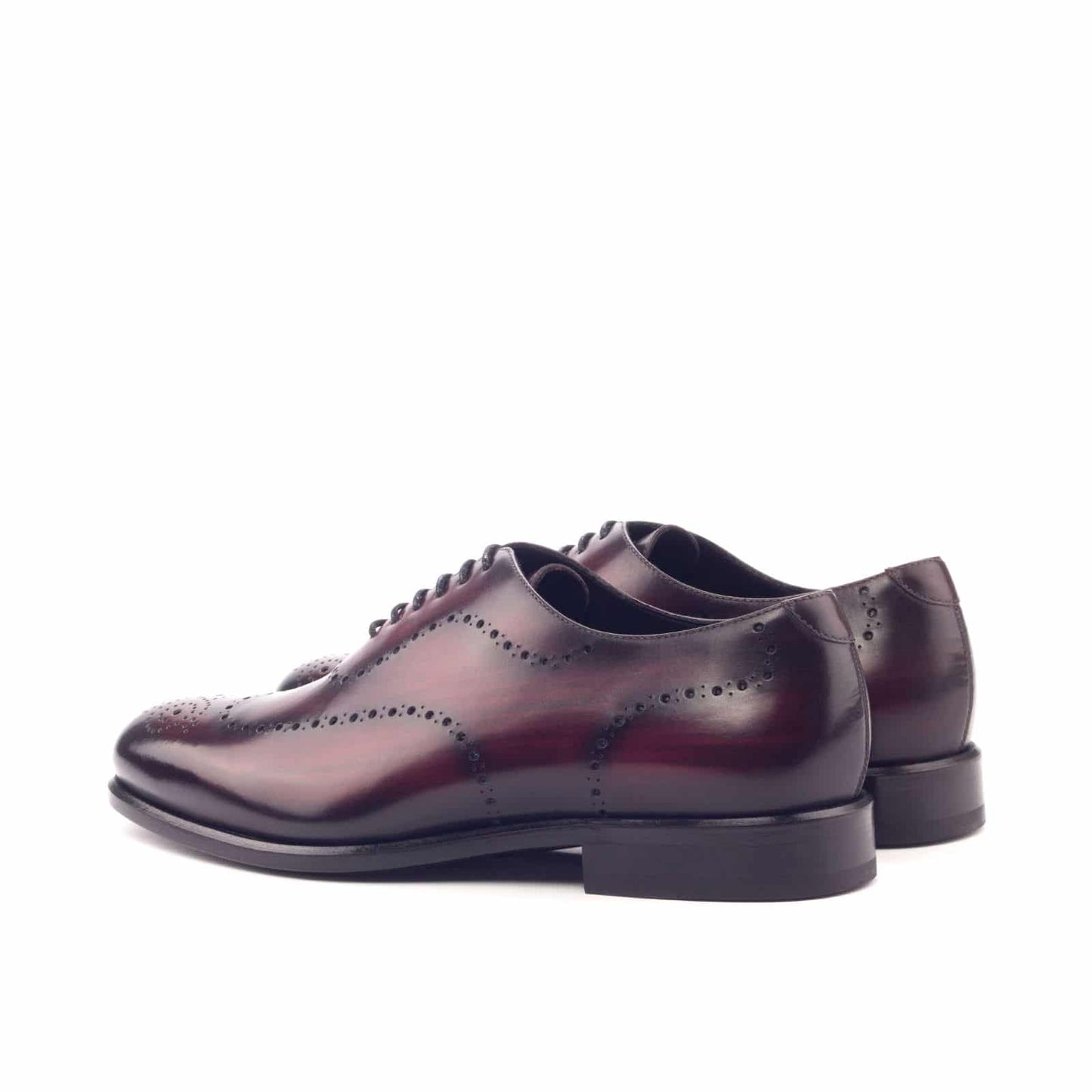 Burgundy Cherry Red Patina Finish Leather Formal Oxford Wingtip Wholecut Brogue Lace Up Shoes for Men with Leather Sole. Goodyear Welted Construction Available.