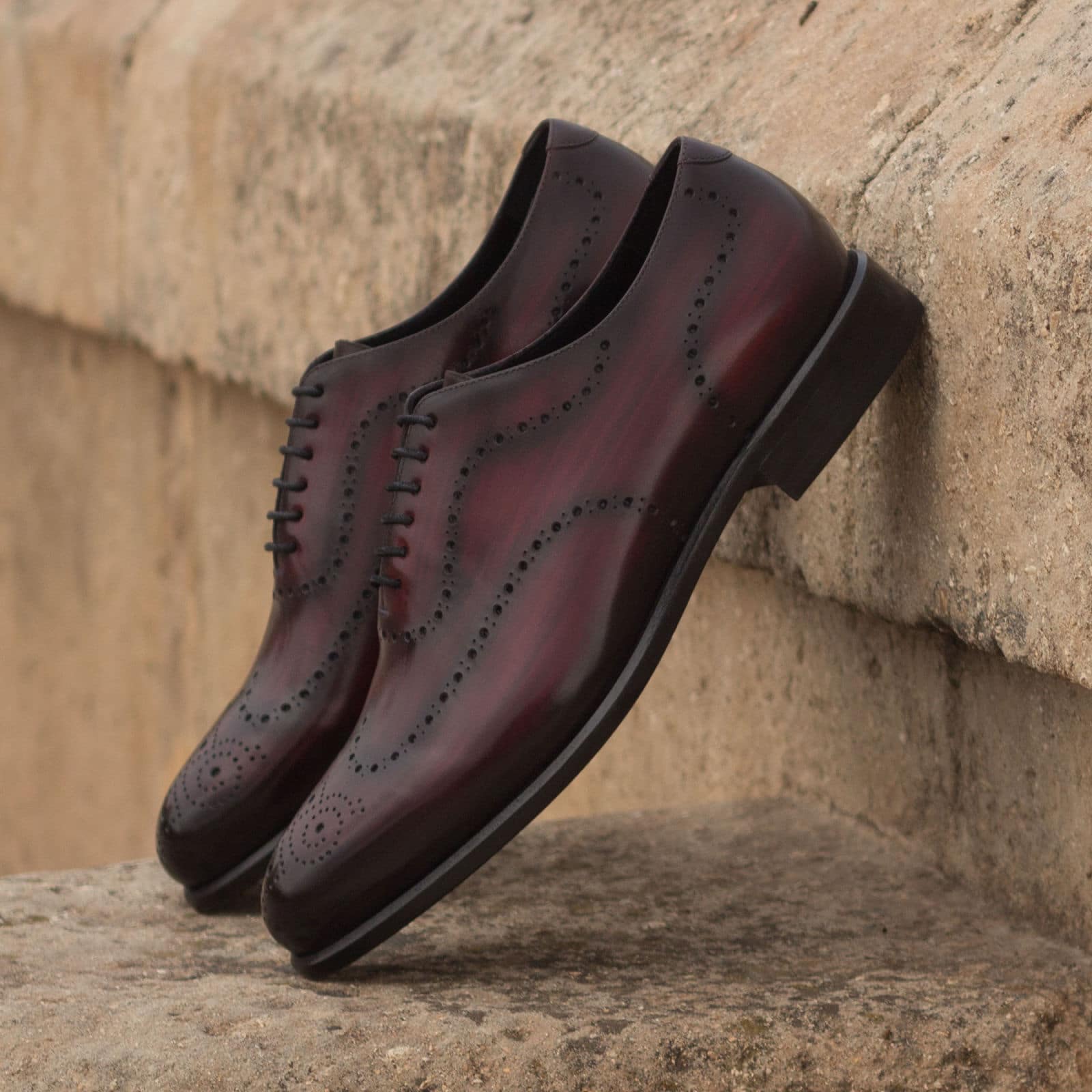 Burgundy Cherry Red Patina Finish Leather Formal Oxford Wingtip Wholecut Brogue Lace Up Shoes for Men with Leather Sole. Goodyear Welted Construction Available.