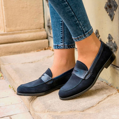 Navy Blue Leather Suede Loafer Shoes for Women The Royale Peacock
