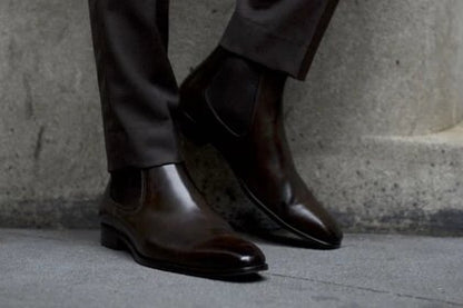 Dark Brown Leather Formal Chelsea Boot Slip On Shoes for Men with Leather Sole. Goodyear Welted Construction Available.