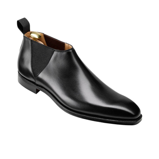 Black Leather Formal Short Chelsea Boot Slip On Shoes for Men with Leather Sole. Goodyear Welted Construction Available.