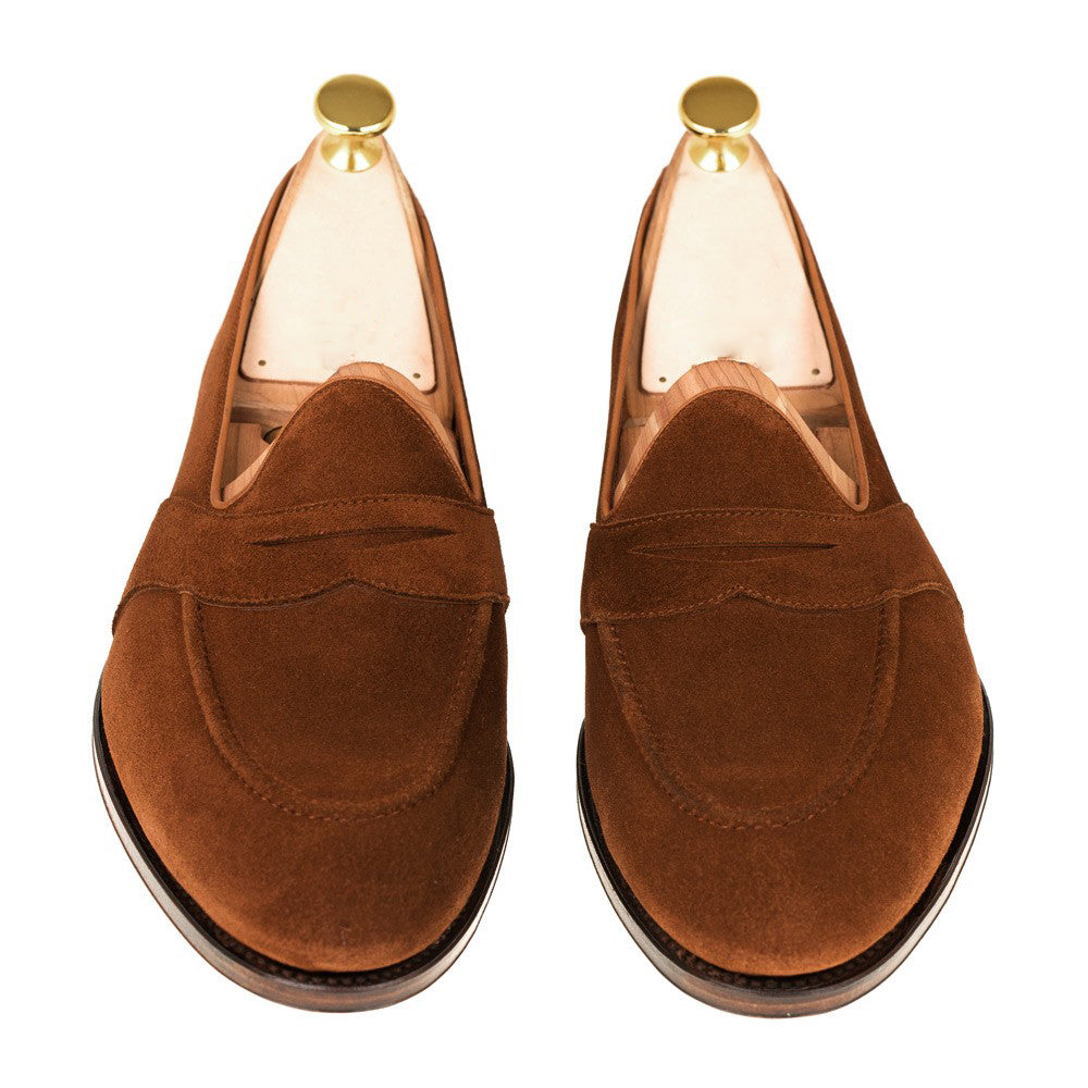 Tan Suede Leather Formal Penny Loafer Slip On Shoes for Men with Leather Sole. Goodyear Welted Construction Available.