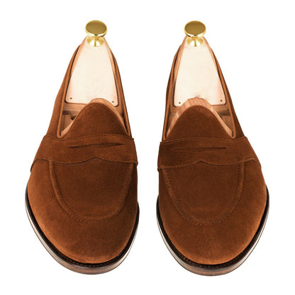 Tan Suede Leather Formal Penny Loafer Slip On Shoes for Men with Leather Sole. Goodyear Welted Construction Available.