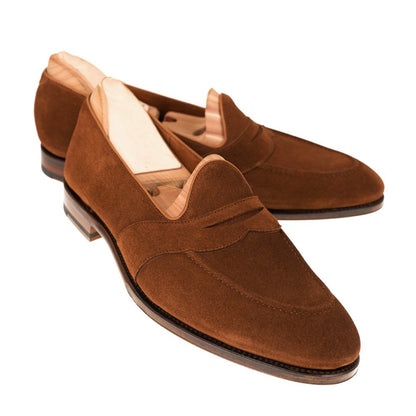 Tan Suede Leather Formal Penny Loafer Slip On Shoes for Men with Leather Sole. Goodyear Welted Construction Available.