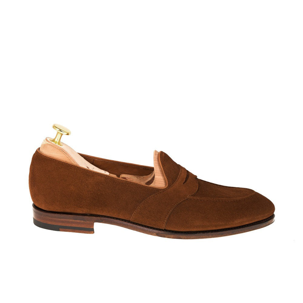 Tan Suede Leather Formal Penny Loafer Slip On Shoes for Men with Leather Sole. Goodyear Welted Construction Available.
