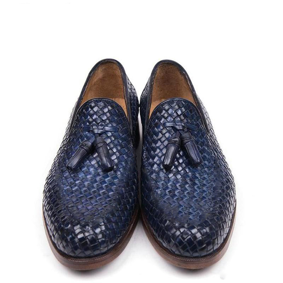 Navy Blue Patina Finish Braided Woven Leather Formal Tassel Loafer Slip On Shoes for Men with Leather Sole. Goodyear Welted Construction Available.