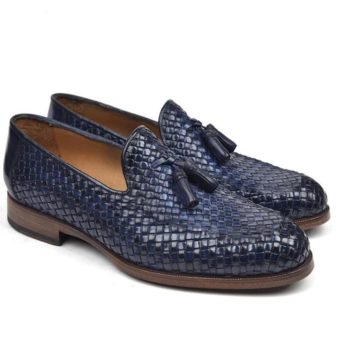Navy Blue Patina Finish Braided Woven Leather Formal Tassel Loafer Slip On Shoes for Men with Leather Sole. Goodyear Welted Construction Available.