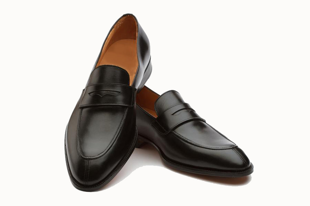Black Leather Formal Penny Loafer Slip On Shoes for Men with Leather Sole. Goodyear Welted Construction Available.