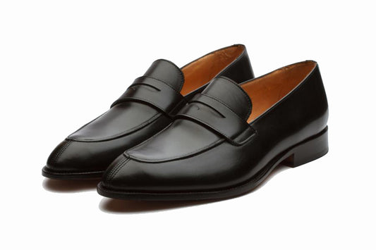 Black Leather Formal Penny Loafer Slip On Shoes for Men with Leather Sole. Goodyear Welted Construction Available.