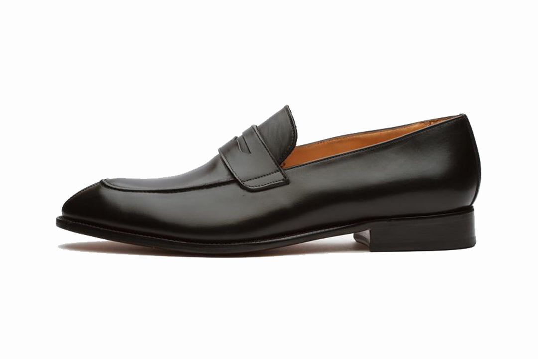Black Leather Formal Penny Loafer Slip On Shoes for Men with Leather Sole. Goodyear Welted Construction Available.