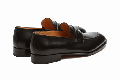 Black Leather Formal Penny Loafer Slip On Shoes for Men with Leather Sole. Goodyear Welted Construction Available.