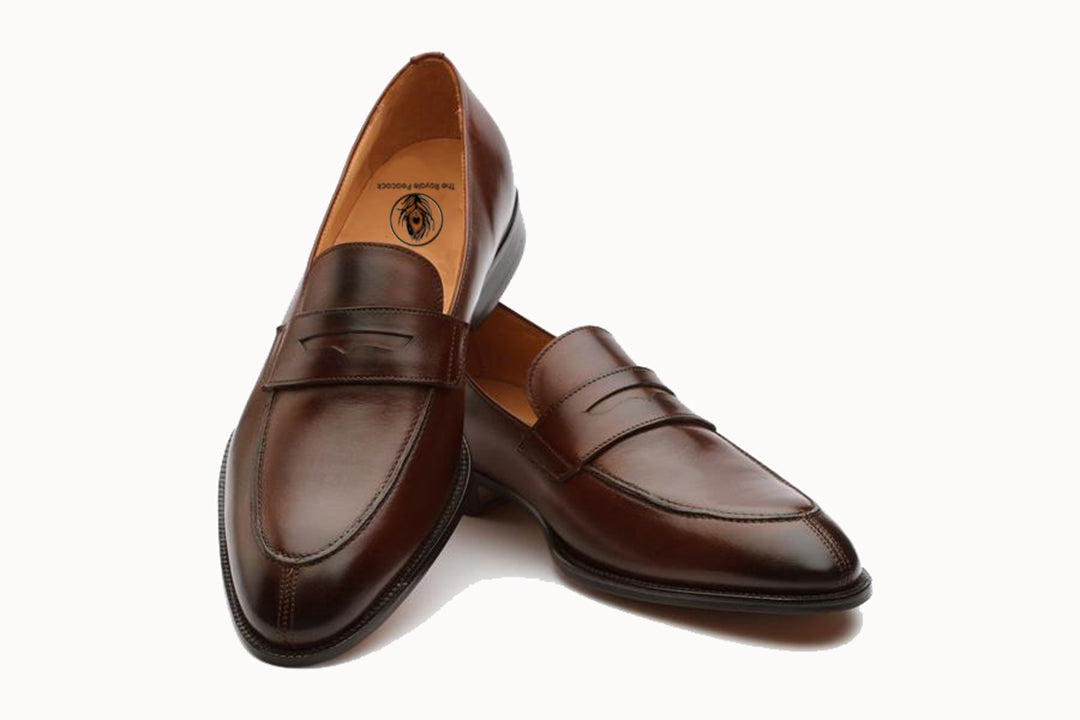 Dark Brown Leather Formal Penny Loafer Slip On Shoes for Men with Leather Sole. Goodyear Welted Construction Available.