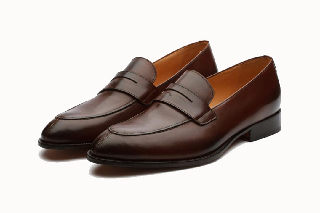 Dark Brown Leather Formal Penny Loafer Slip On Shoes for Men with Leather Sole. Goodyear Welted Construction Available.