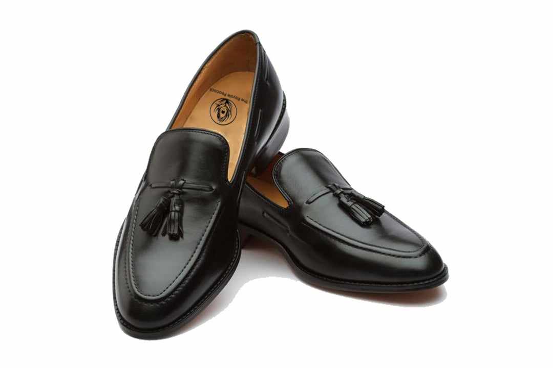 Black Leather Formal Tassel Loafer Slip On Shoes for Men with Leather Sole. Goodyear Welted Construction Available.