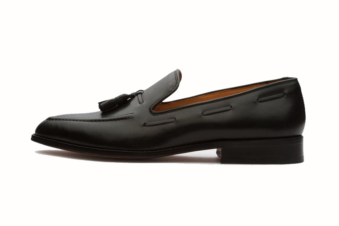 Black Leather Formal Tassel Loafer Slip On Shoes for Men with Leather Sole. Goodyear Welted Construction Available.