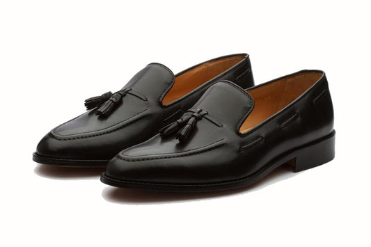 Black Leather Formal Tassel Loafer Slip On Shoes for Men with Leather Sole. Goodyear Welted Construction Available.