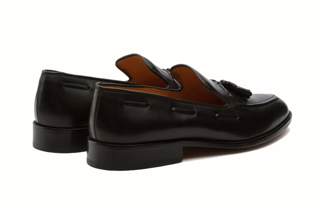 Black Leather Formal Tassel Loafer Slip On Shoes for Men with Leather Sole. Goodyear Welted Construction Available.