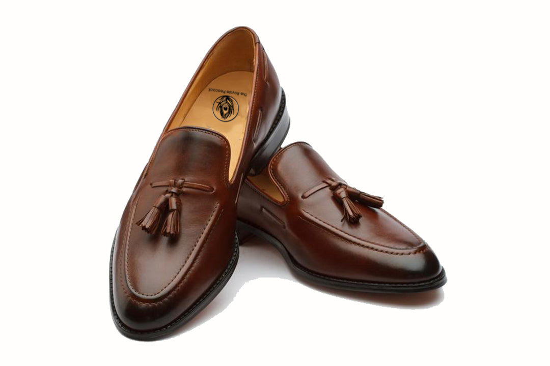Brown Leather Formal Tassel Loafer Slip On Shoes for Men with Leather Sole. Goodyear Welted Construction Available.