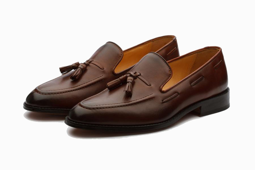 Brown Leather Formal Tassel Loafer Slip On Shoes for Men with Leather Sole. Goodyear Welted Construction Available.