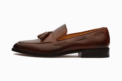 Brown Leather Formal Tassel Loafer Slip On Shoes for Men with Leather Sole. Goodyear Welted Construction Available.