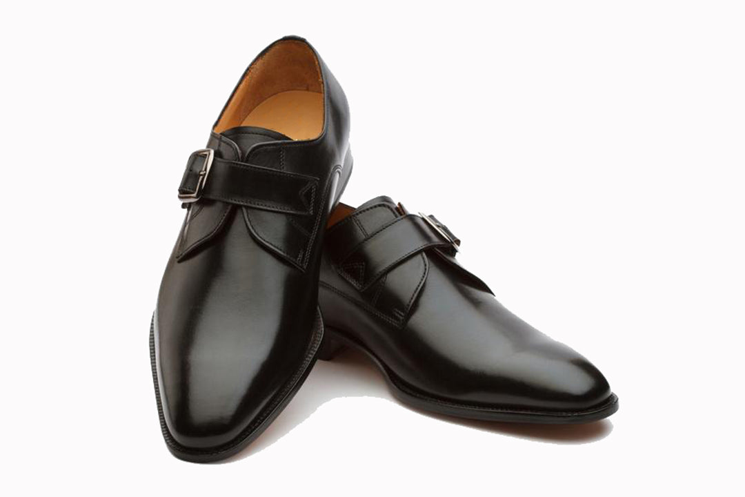 Black Leather Formal Single Monk Strap Buckle Shoes for Men with Leather Sole. Goodyear Welted Construction Available.