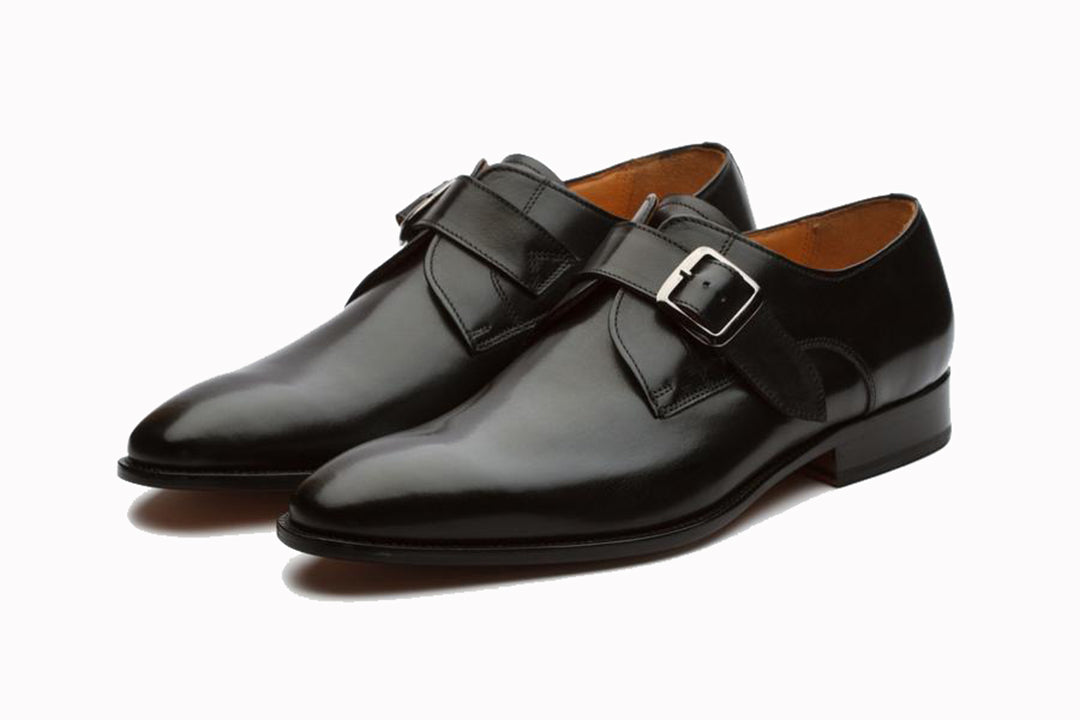 Black Leather Formal Single Monk Strap Buckle Shoes for Men with Leather Sole. Goodyear Welted Construction Available.