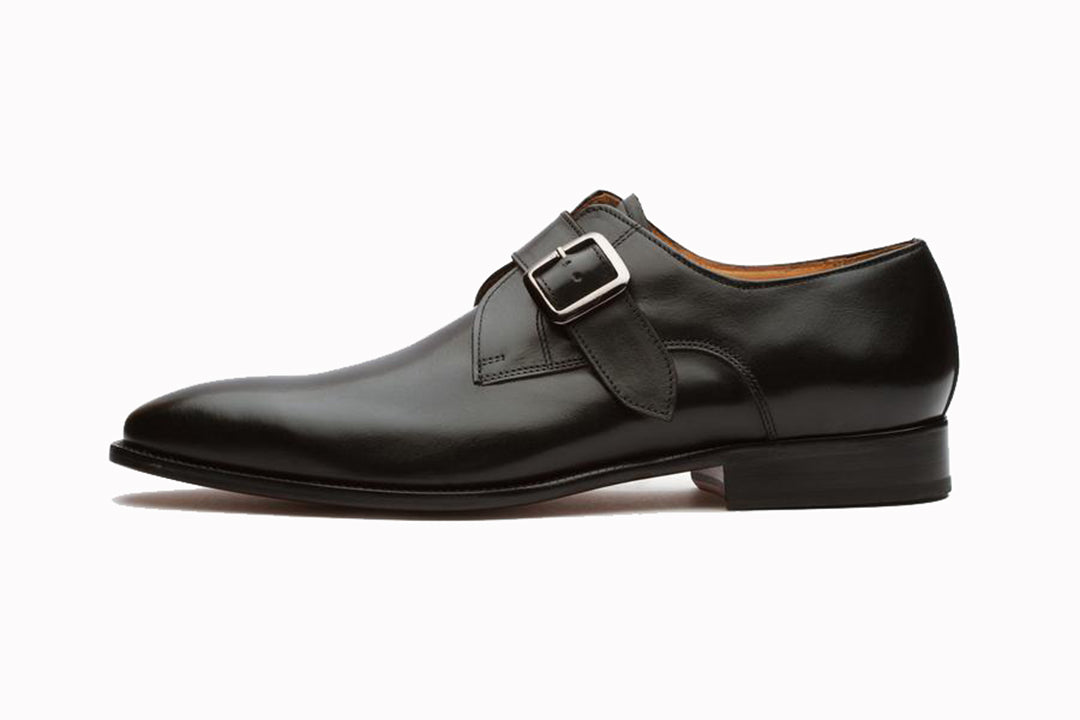 Black Leather Formal Single Monk Strap Buckle Shoes for Men with Leather Sole. Goodyear Welted Construction Available.