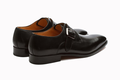 Black Leather Formal Single Monk Strap Buckle Shoes for Men with Leather Sole. Goodyear Welted Construction Available.