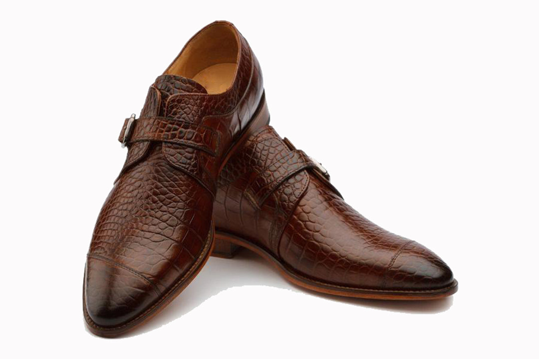 Tan Croco Print Leather Formal Single Monk Strap Buckle Shoes for Men with Leather Sole. Goodyear Welted Construction Available.