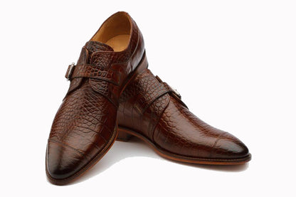 Tan Croco Print Leather Formal Single Monk Strap Buckle Shoes for Men with Leather Sole. Goodyear Welted Construction Available.