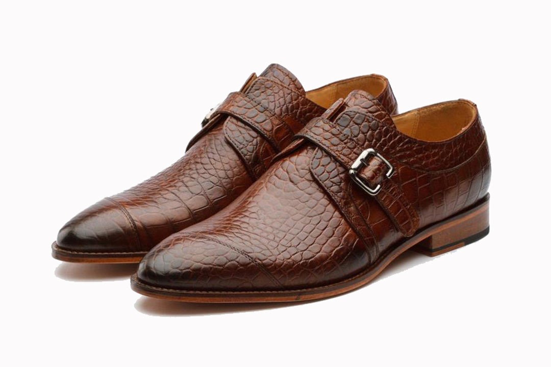 Tan Croco Print Leather Formal Single Monk Strap Buckle Shoes for Men with Leather Sole. Goodyear Welted Construction Available.