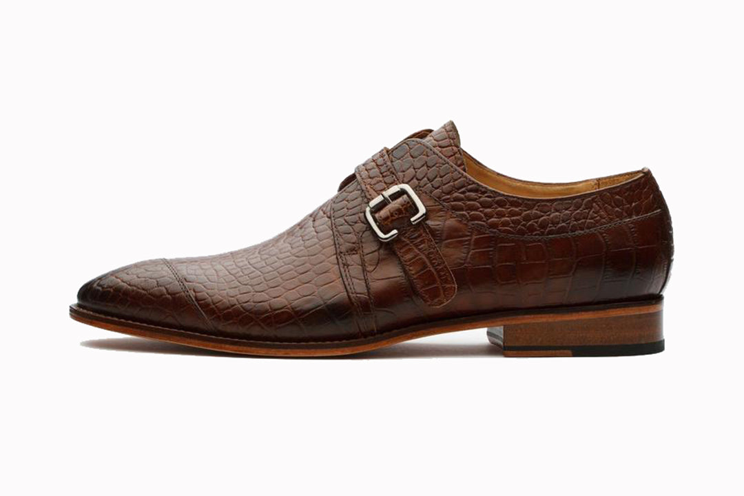 Tan Croco Print Leather Formal Single Monk Strap Buckle Shoes for Men with Leather Sole. Goodyear Welted Construction Available.