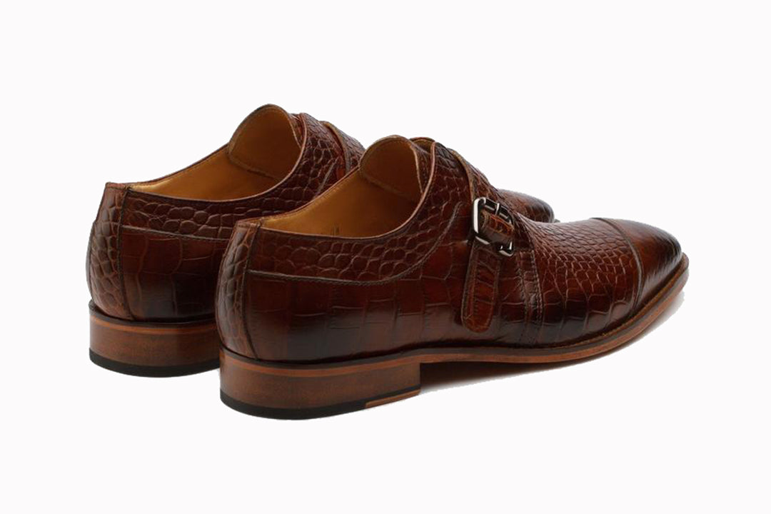 Tan Croco Print Leather Formal Single Monk Strap Buckle Shoes for Men with Leather Sole. Goodyear Welted Construction Available.