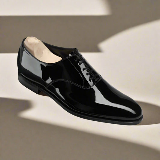 Black Patent Leather Formal Oxford Lace Up Shoes for Men with Leather Sole. Goodyear Welted Construction Available.