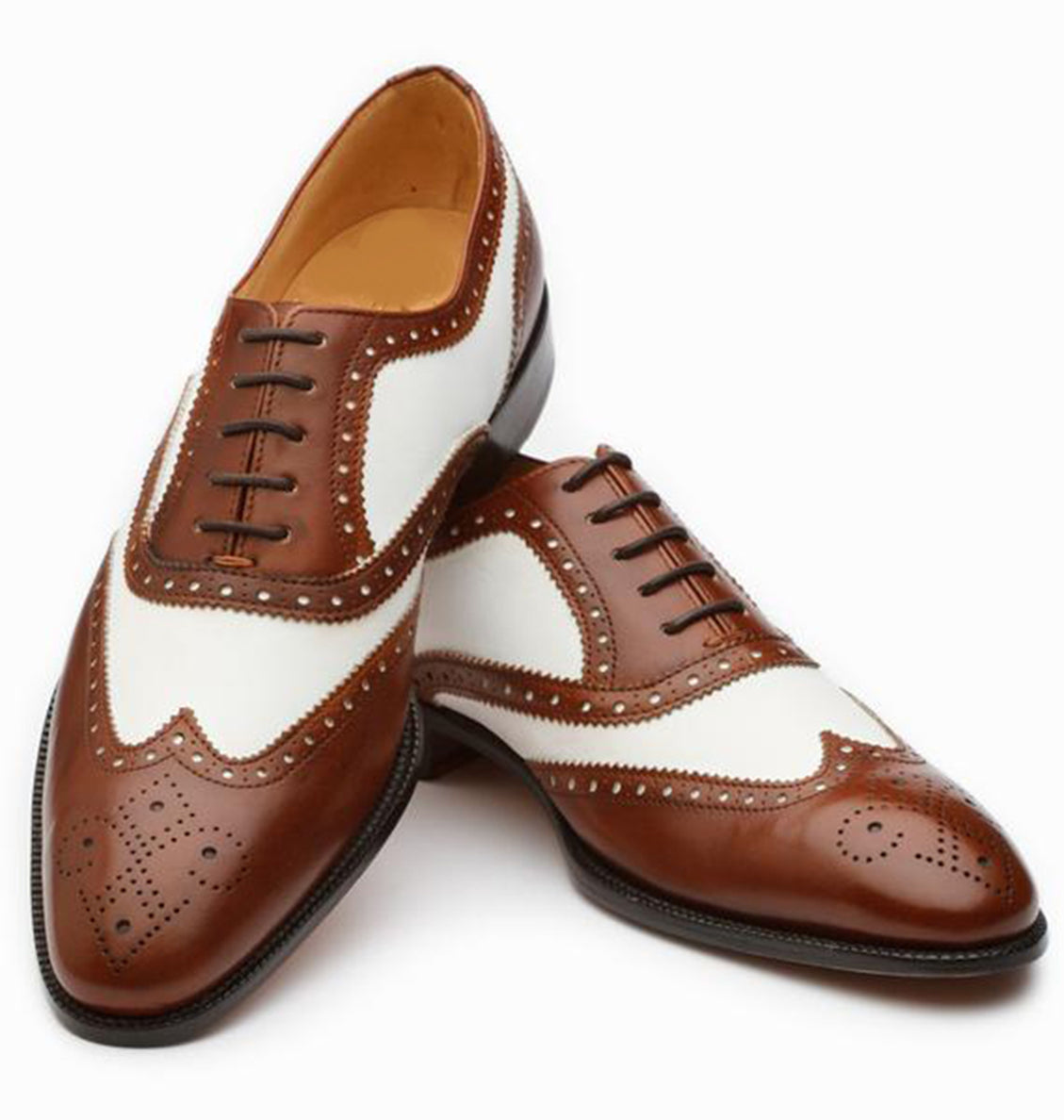Dark Brown White Leather Formal Oxford Wingtip Brogue Lace Up Shoes for Men with Leather Sole. Goodyear Welted Construction Available.