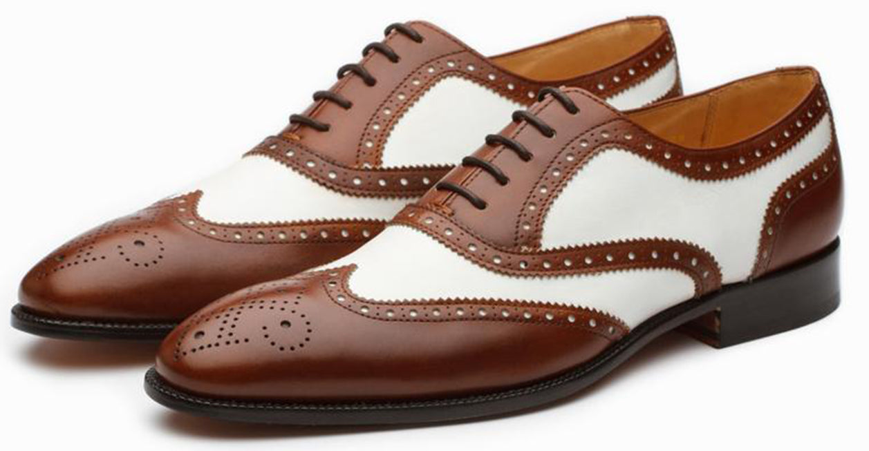 Dark Brown White Leather Formal Oxford Wingtip Brogue Lace Up Shoes for Men with Leather Sole. Goodyear Welted Construction Available.