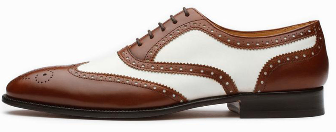 Dark Brown White Leather Formal Oxford Wingtip Brogue Lace Up Shoes for Men with Leather Sole. Goodyear Welted Construction Available.