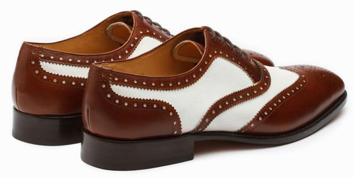 Dark Brown White Leather Formal Oxford Wingtip Brogue Lace Up Shoes for Men with Leather Sole. Goodyear Welted Construction Available.