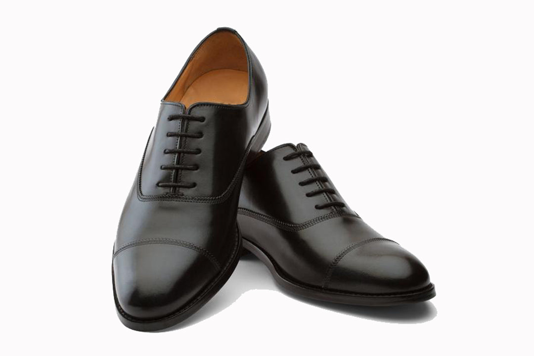 Black Leather Formal Toe Cap Oxford Lace Up Shoes for Men with Leather Sole. Goodyear Welted Construction Available.