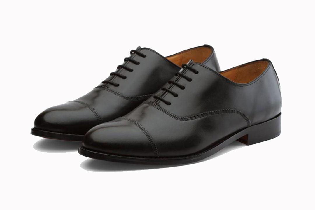 Black Leather Formal Toe Cap Oxford Lace Up Shoes for Men with Leather Sole. Goodyear Welted Construction Available.